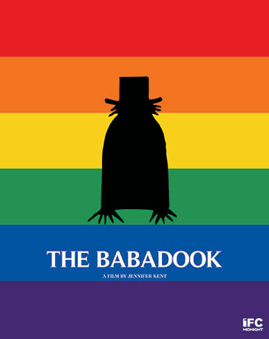 A rainbow-striped cover of The Babadook, featuring a black outline of the character in the center with the movie’s title in white letters under him.