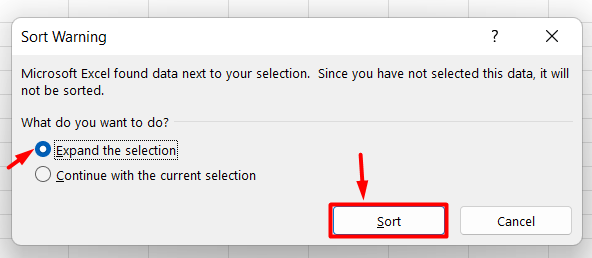 how to alphabetize in Excel- sort warning