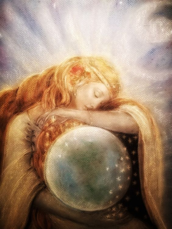 This is an illustration of Gaia gently holding the globe and being illuminated by golden light. 