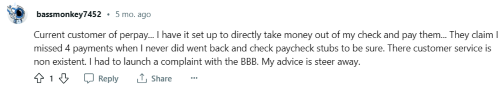Negative Perpay review from a user who was accused of missing payments. 