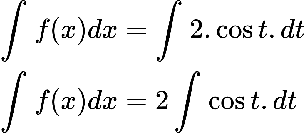 {"code":"\\begin{align*}\n{\\int_{}^{}f\\left(x\\right)dx}&={\\int_{}^{}2.\\cos t.dt}\\\\\n{\\int_{}^{}f\\left(x\\right)dx}&={2\\int_{}^{}\\cos t.dt}\t\n\\end{align*}","type":"align*","id":"2-1-0-1-1-1-1-1-1-1-1-1-1-1-1-1-1-1-2-1-1-1-0-1-1-1-1-1-0","font":{"family":"Arial","size":10,"color":"#000000"},"ts":1600173244973,"cs":"7Tgl8a/FaxUPJFlFdGz0yg==","size":{"width":172,"height":76}}