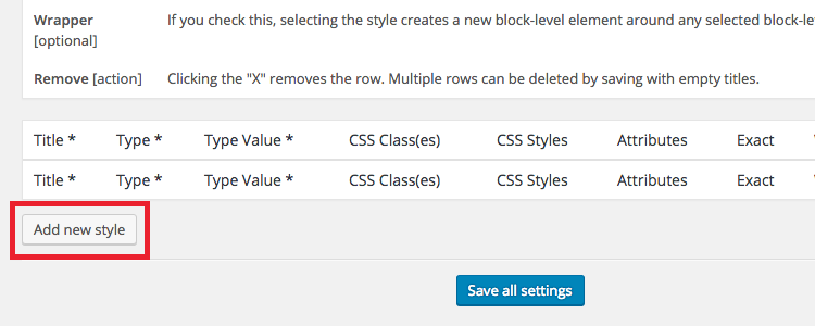 Estilos personalizados TinyMCE Adicionar novo