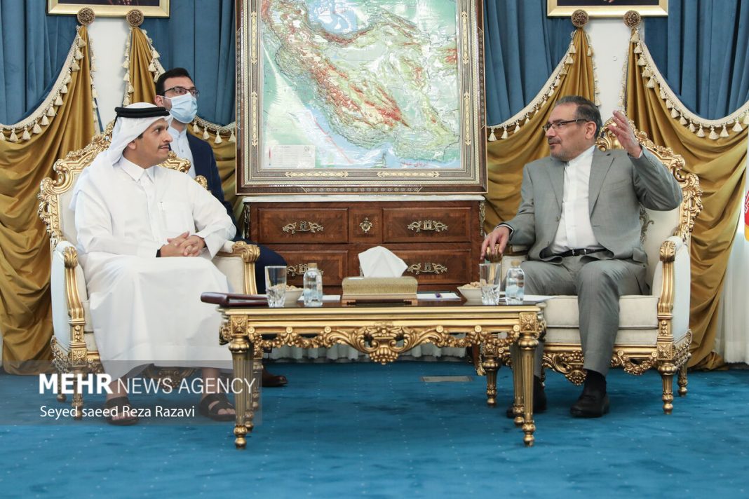 Secretary of Iran’s Supreme National Security Council Ali Shamkhani and Qatar Foreign Minister Mohammad bin Abdul Rahman Al Thani