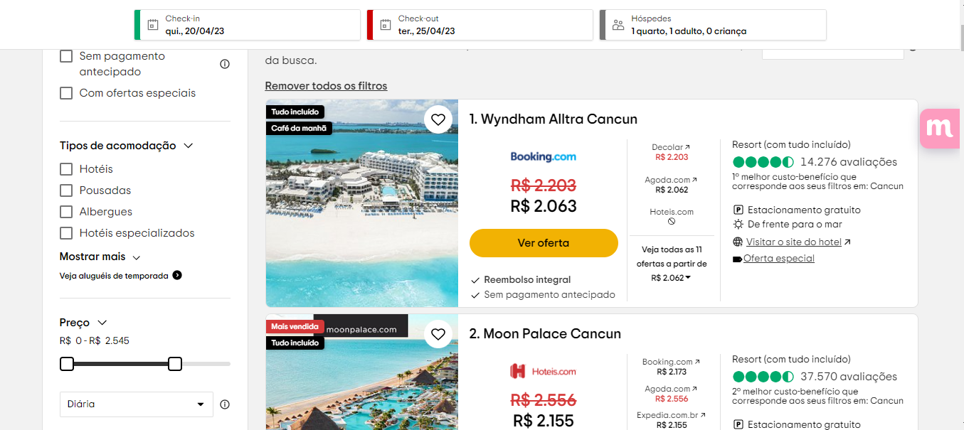 Busca de hoteis em Cancun