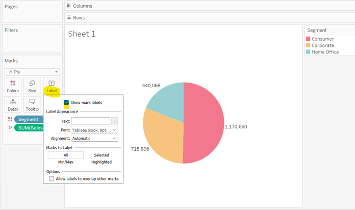 default option to display labels on a pie chart in Tableau