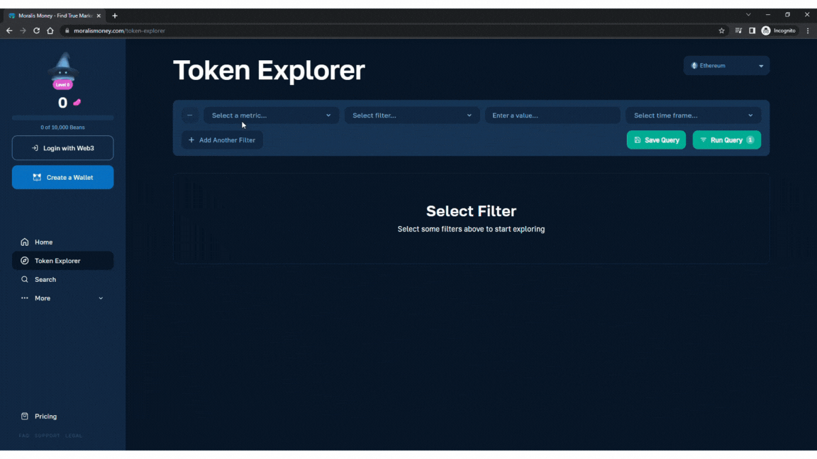 Running Search Query to Find Cryptocurrency Early on Moralis Money Token Explorer Page