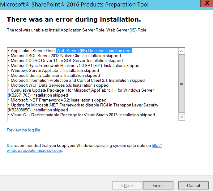 Error occurred in Microsoft SharePoint 2016 Products Preparation Tool