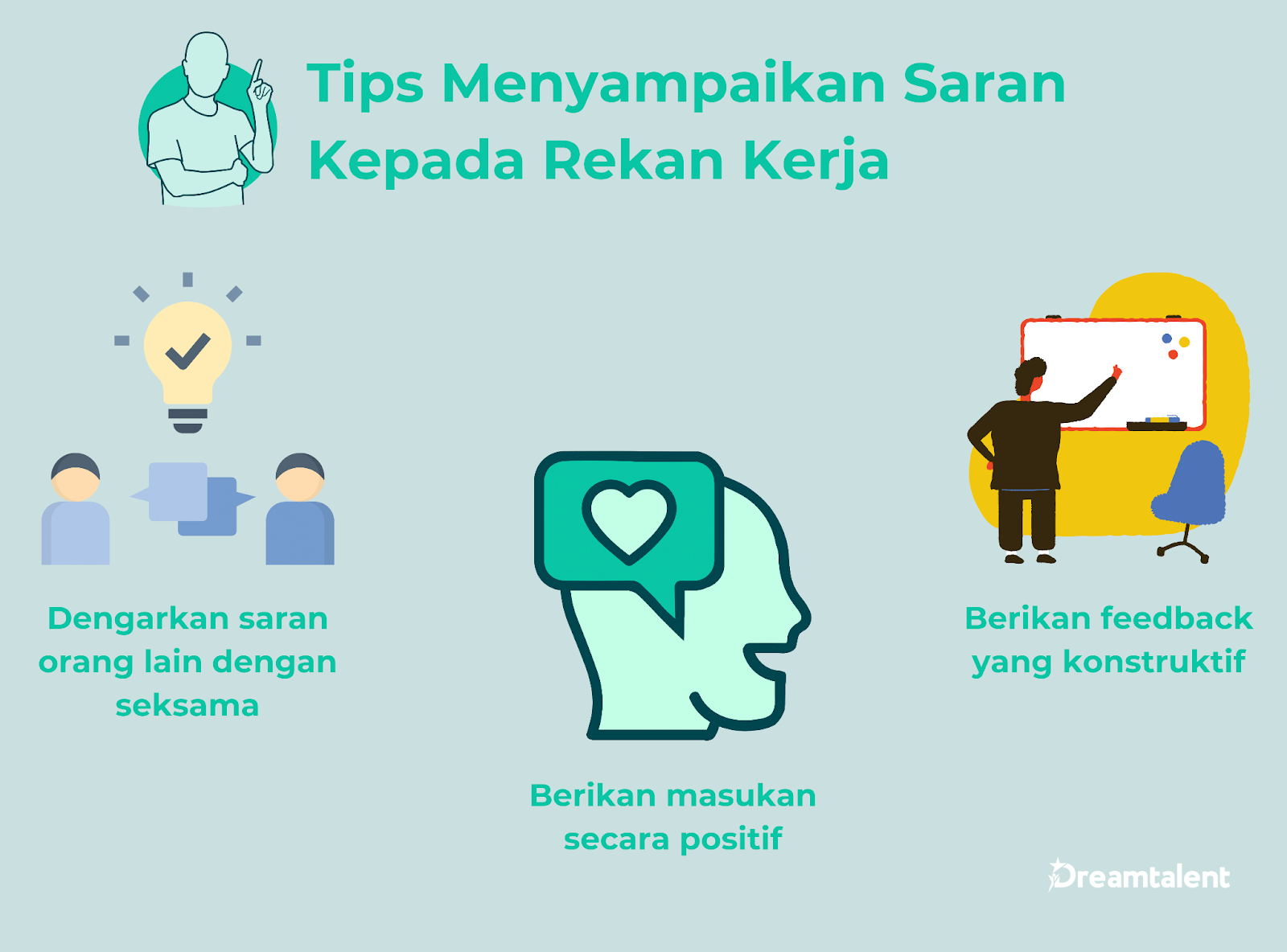 Terdapat beberapa cara yang bisa kamu ikuti untuk menyampaikan saran di lingkungan kerja, diantaranya mendengarkan saran orang lain dengan seksama, memberikan masukan secara positif, dan memberikan feedback yang konstruktif.