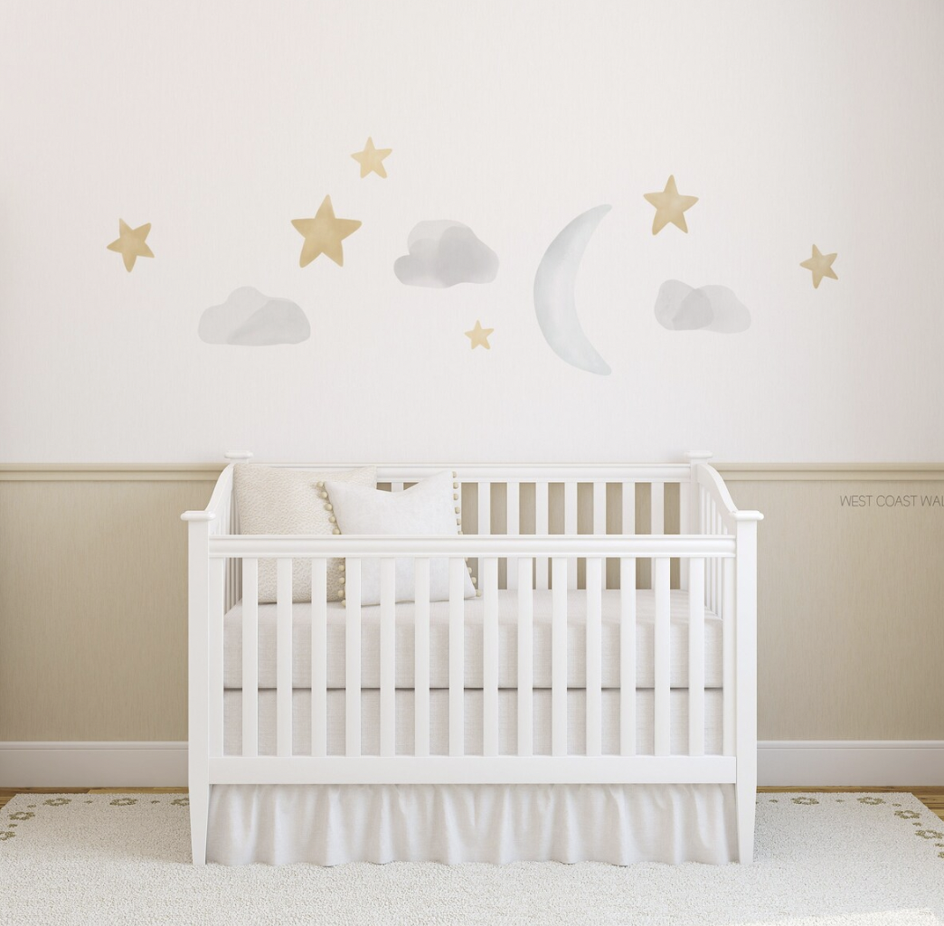 watercolor  moon and stars wall decal for baby nursery 