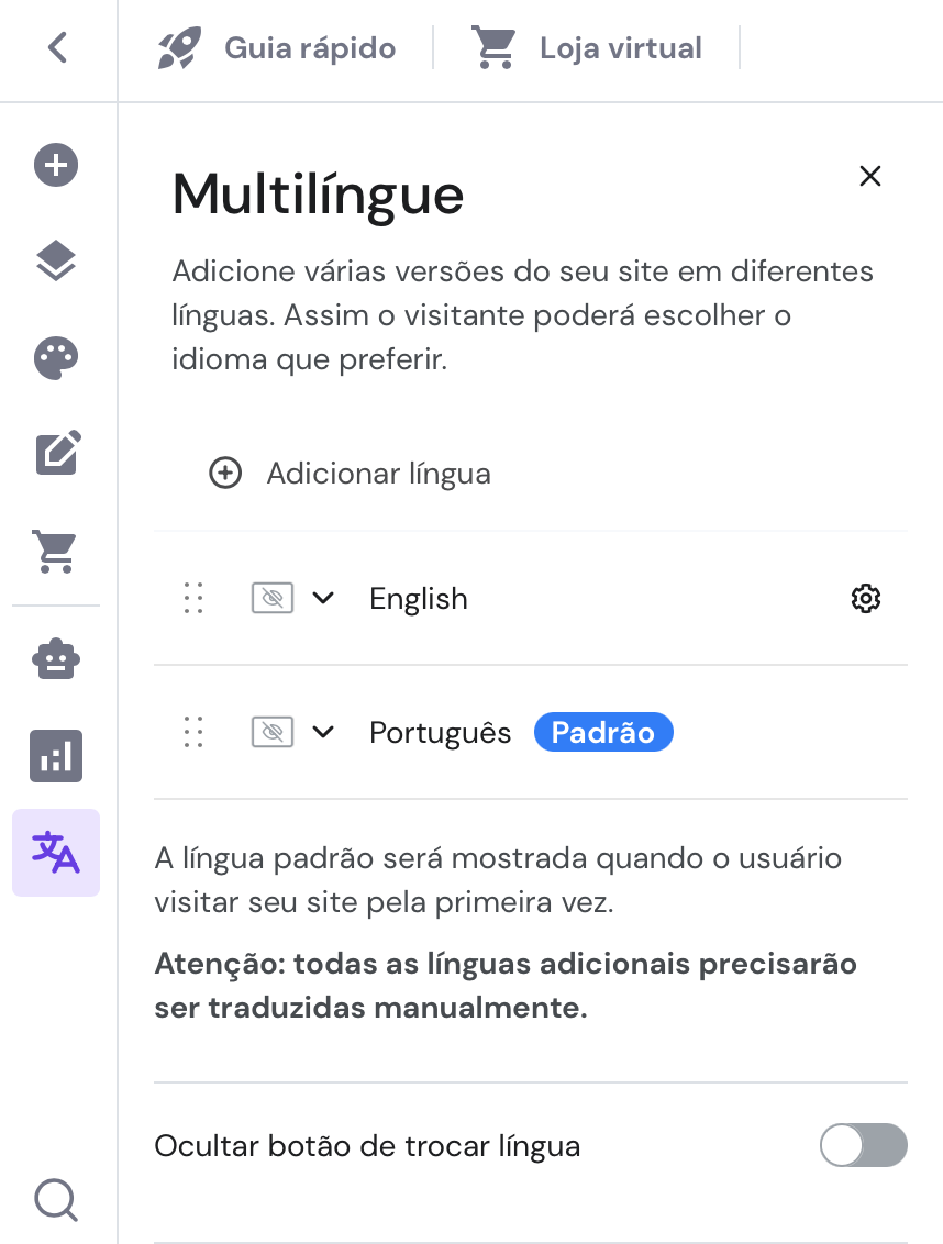 recurso de site multilíngue no criador de sites da hostinger