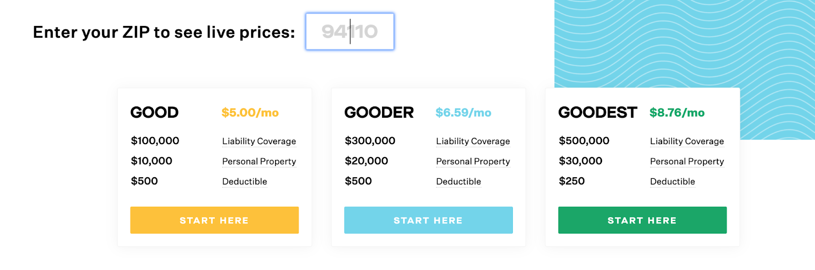 Screenshot of Goodcover online renters insurance quotes.