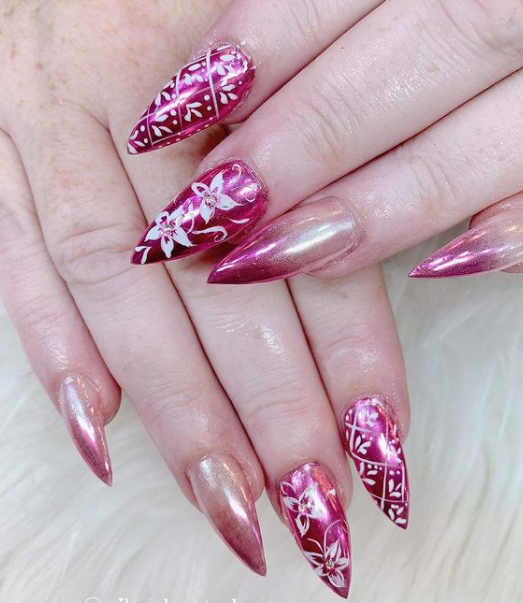 Chrome Florals pink ombre nail