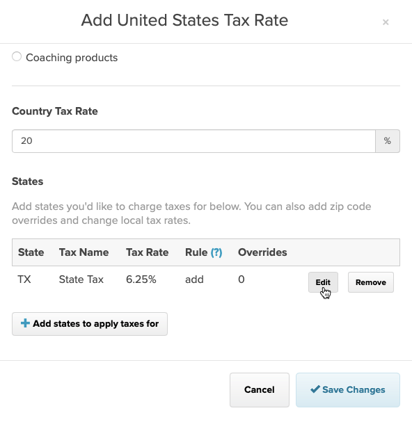 Editing the tax rate for a US state on Payhip