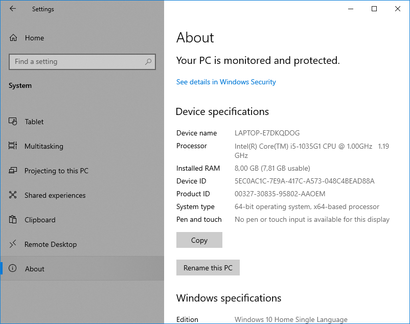 The About section in Windows settings displaying PC hardware information