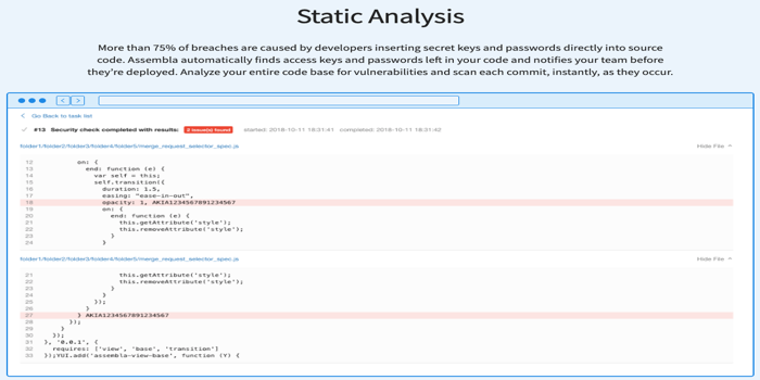 Assembla is a software for automated code analysis and data protection - Static Analysis example with code errors markup