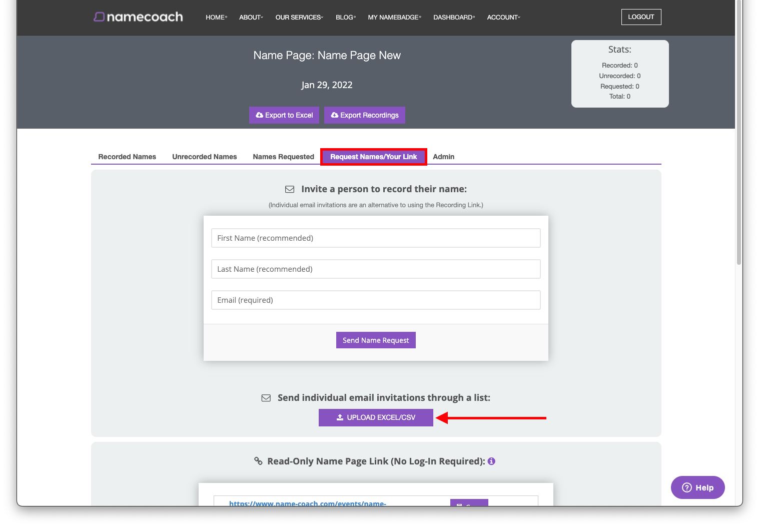 Name Page with the fourth tab "Request Names/Your Link" highlighted. Below the "Invite a person to record their name" form, there is an arrow pointing to a button reading Upload Excel/CSV