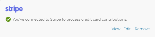 Screenshot of Stripe confirmation of connection. A green checkmark is under the Stripe logo and reads "You've connected to Stripe to process credit card contributions"