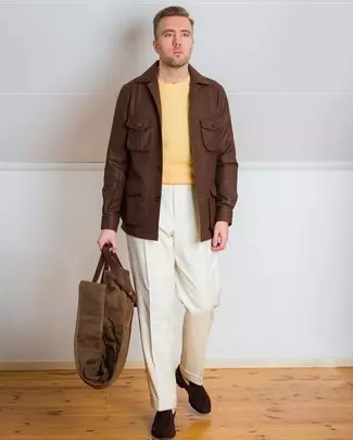 white trousers brown jacket