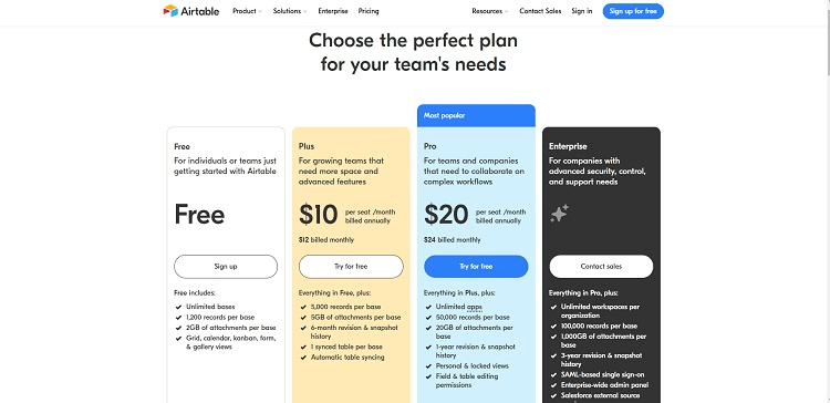 Página de precios de Airtable