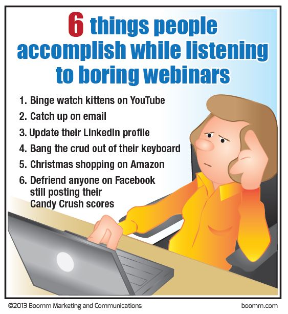 meme of cartoon woman sitting at desk with laptop open under text that says "6 Things people accomplish while listening to boring webinars."