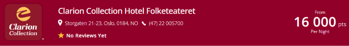 Clarion Collection Hotel Folketeateret, Oslo (Norway),  Reward Night From 16 000 PTS Per Night