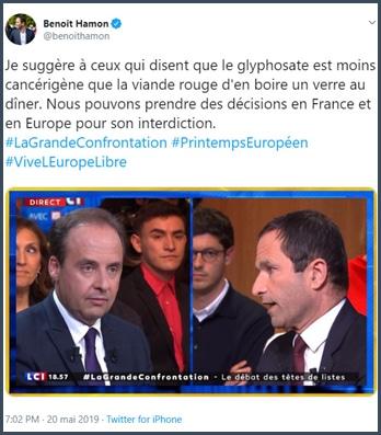 Benoit Hamon Twitter je suggère à ceux qui disent que le glyphosate est moins cancérigène que la viande rouge d'en boire un verre au dîner