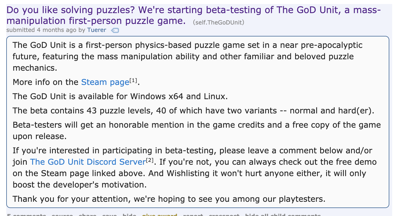 A picture of a game designer asking for beta testers for their puzzle game
