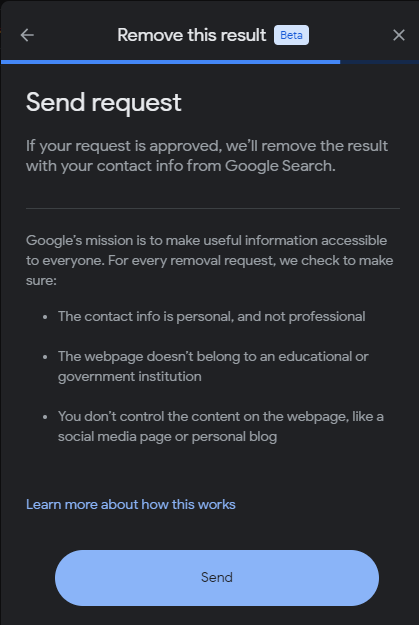 Pop up to send Google Search result removal request