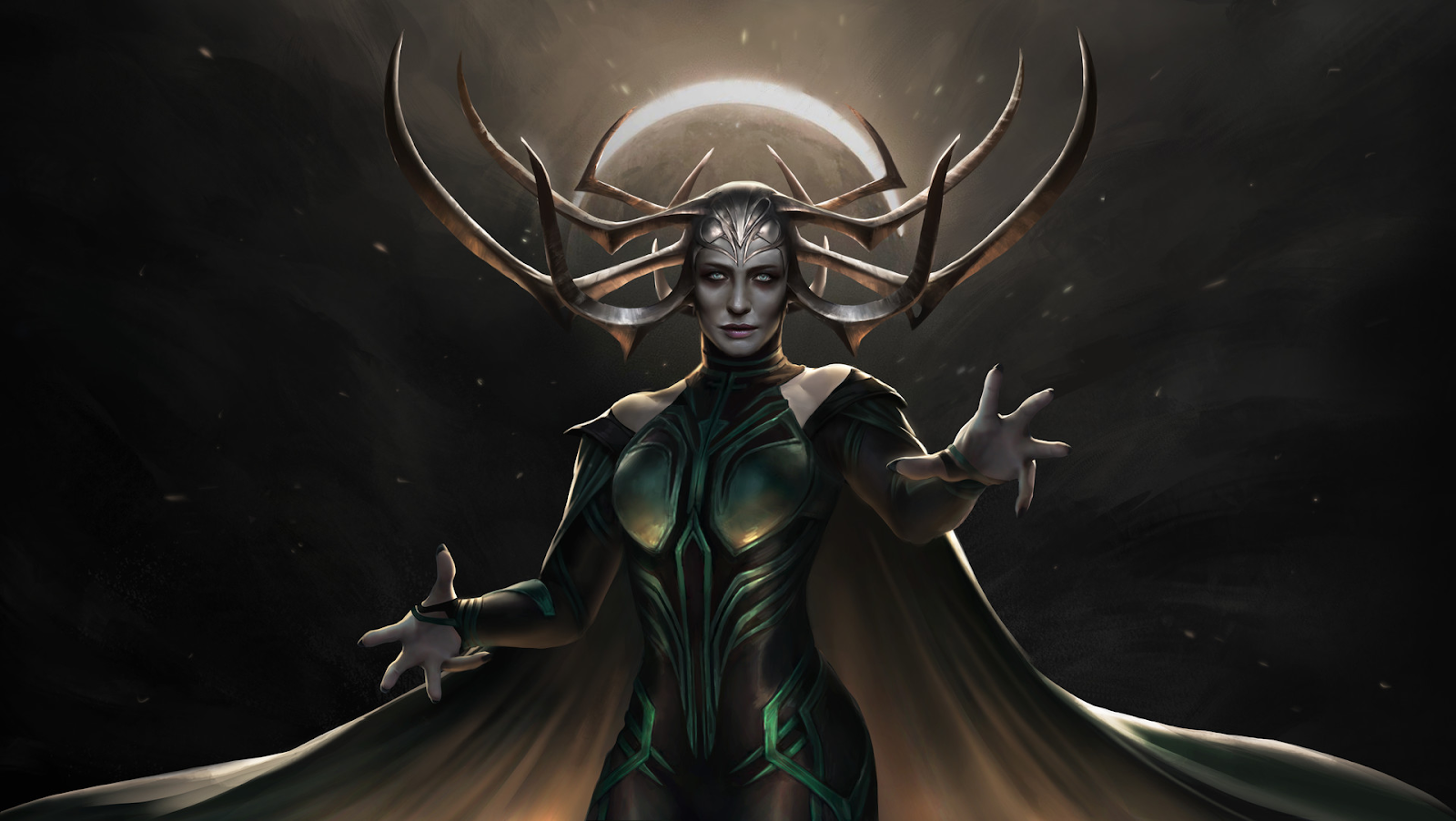 The image presented showcases the character of Hela from the widely popular Marvel film Thor Ragnarok. Hela is donned in a sleek black bodysuit adorned with intricate green details and is further accessorized with a striking horned headpiece.