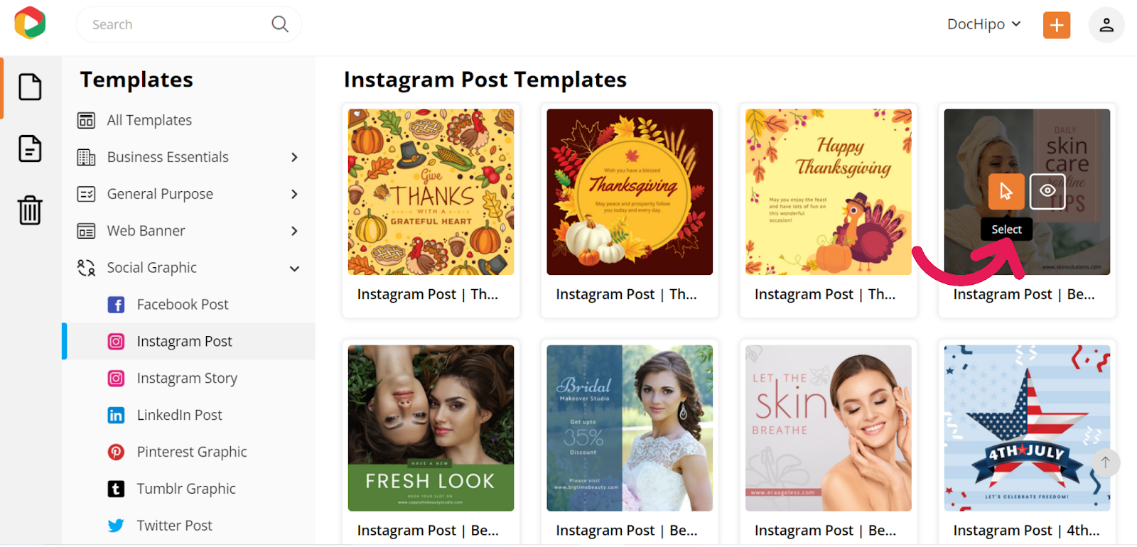 Select Instagram Post Template in DocHipo