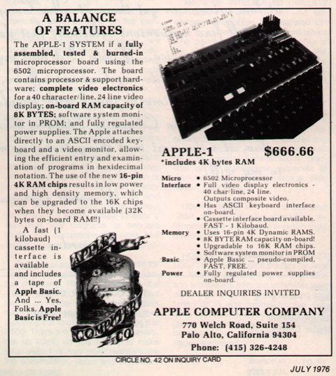One of Apple’s first ever advertisements showcasing the Apple-1 board and an intricate company logo.