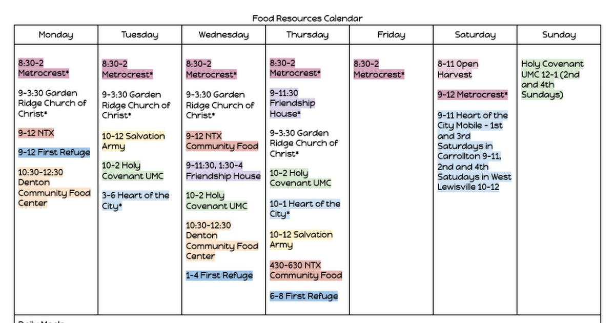 Food Calendar/Resources to Update