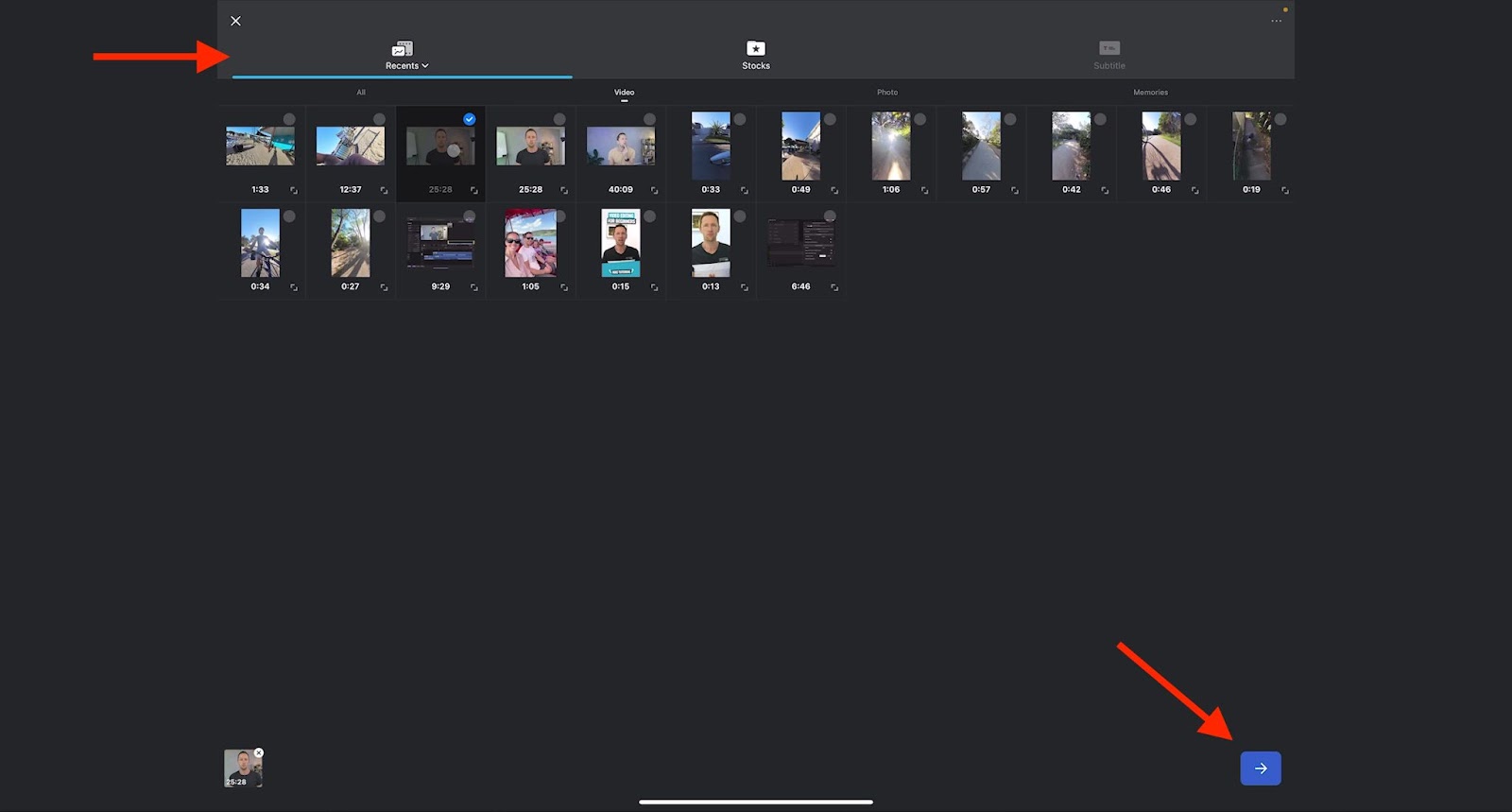 VN Video Editor importing clips interface with Recents, Stocks, Subtitle tabs and a 'Next' button with an arrow pointing to the right as a symbol