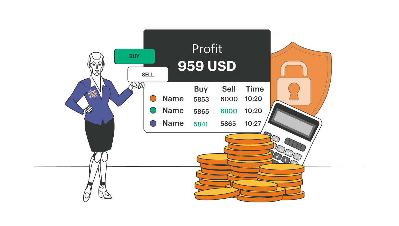 You see a robot and an interface next to some stacks of coins and a calculator.  It's about ArbiSmart's crypto arbitrage service and savings plans - Image from arbismart.com.