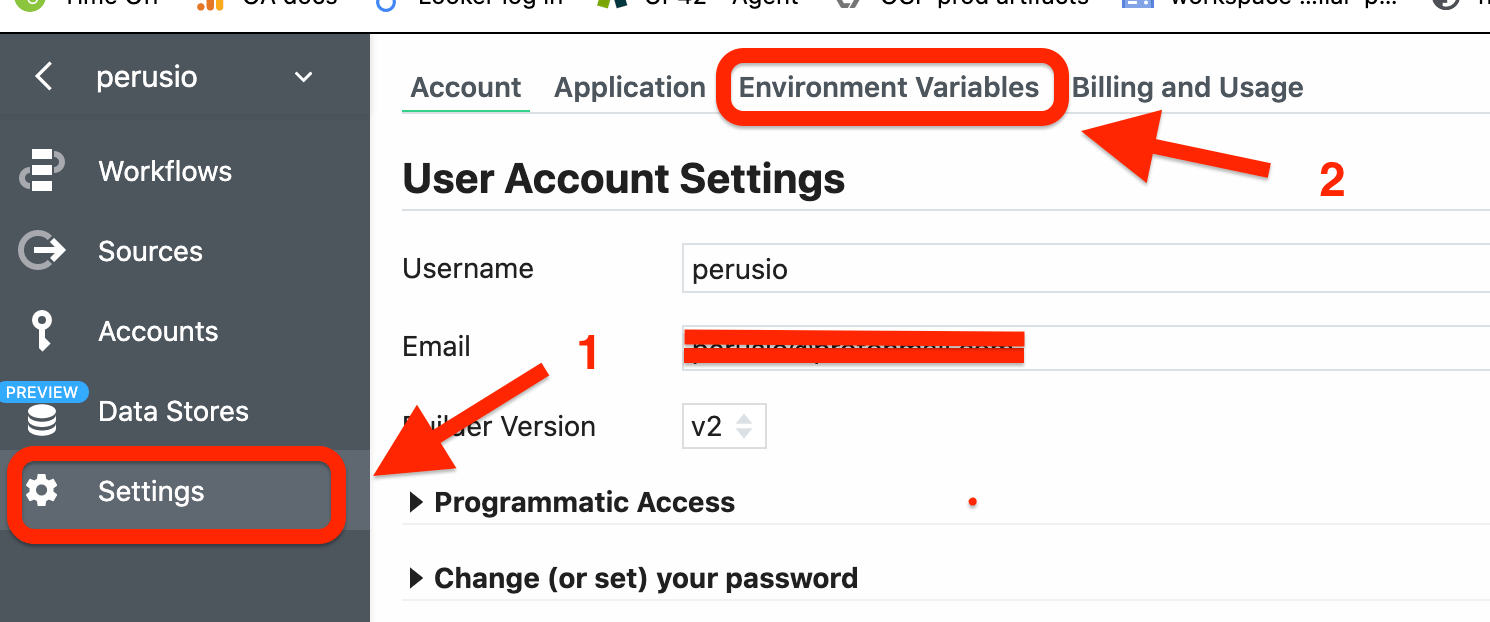 Environment variables in pipedream account settings