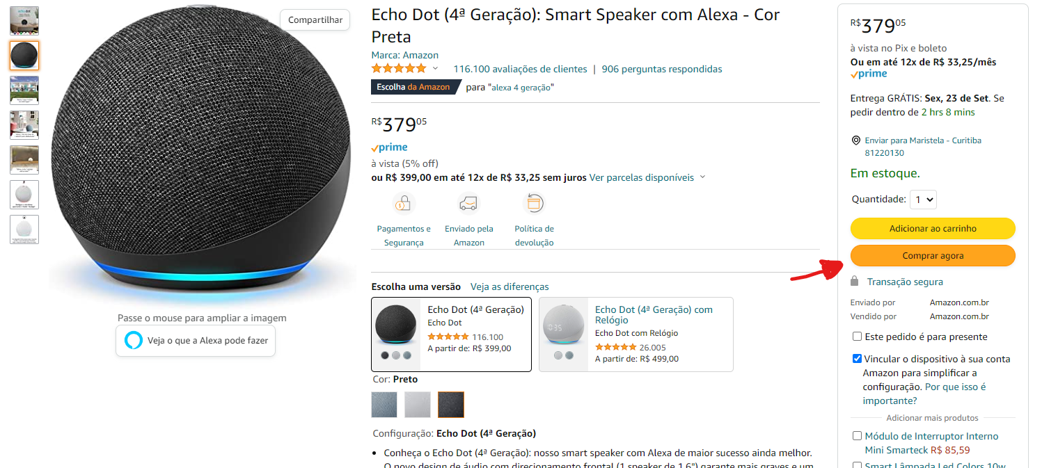Site da Amazon mostrando o botão "comprar agora"; UX Design;