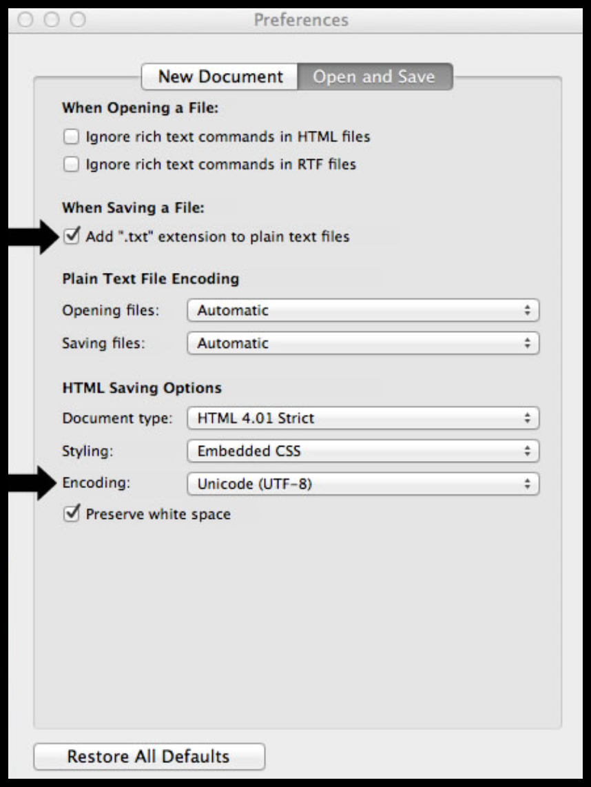 New Document and Open and Save buttons at top center, checkboxes selected next to Add ".txt" extension to plain text files beneath When Saving a File heading and next to Preserve white space beneath HTML Saving Options