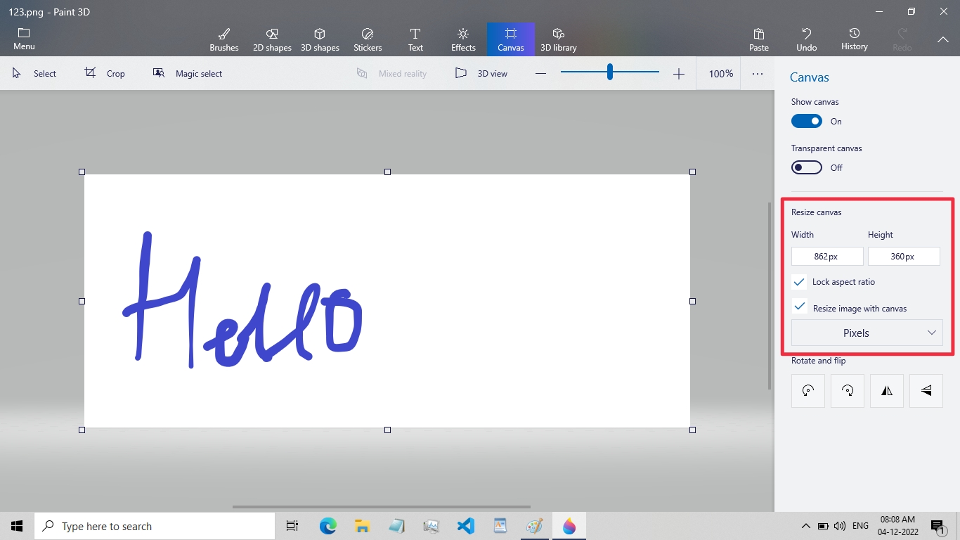 resize canvas in Paint 3D using the Canvas icon