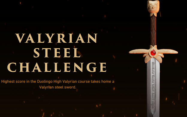 Valyrian steel challenge ad on Duolingo