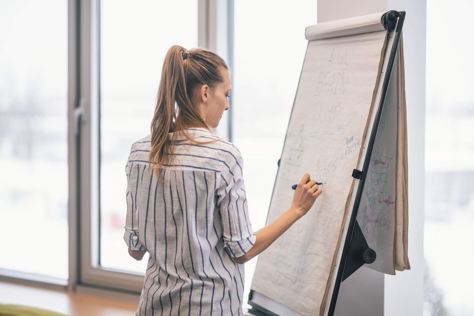 A woman righting on a flip chart
