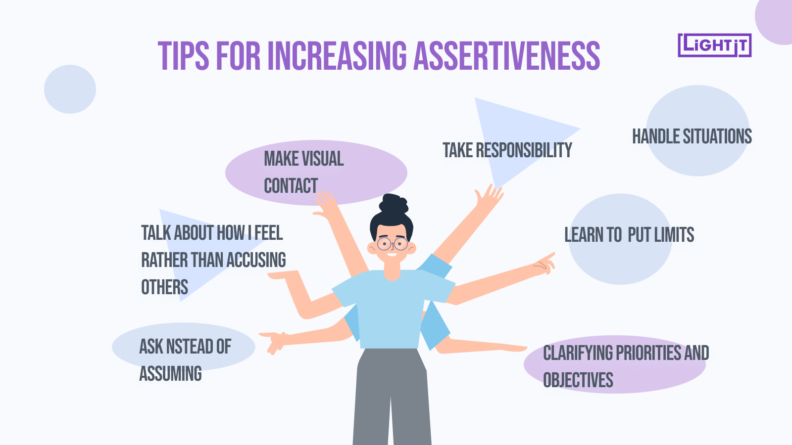 Graphic design in purple and blue colors, with a person with many arms pointing to different tips for increasing assertiveness.