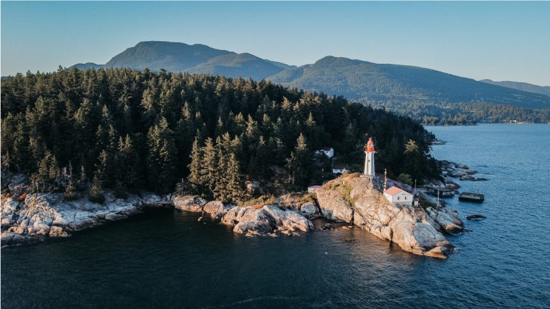 Aerial view of the lighthouse at Lighthouse Park in West Vancouver, BC.