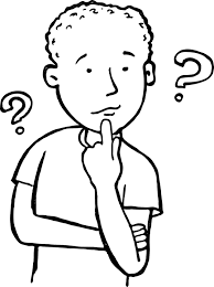 A character with their finger on their chin and questions marks around their hand.
