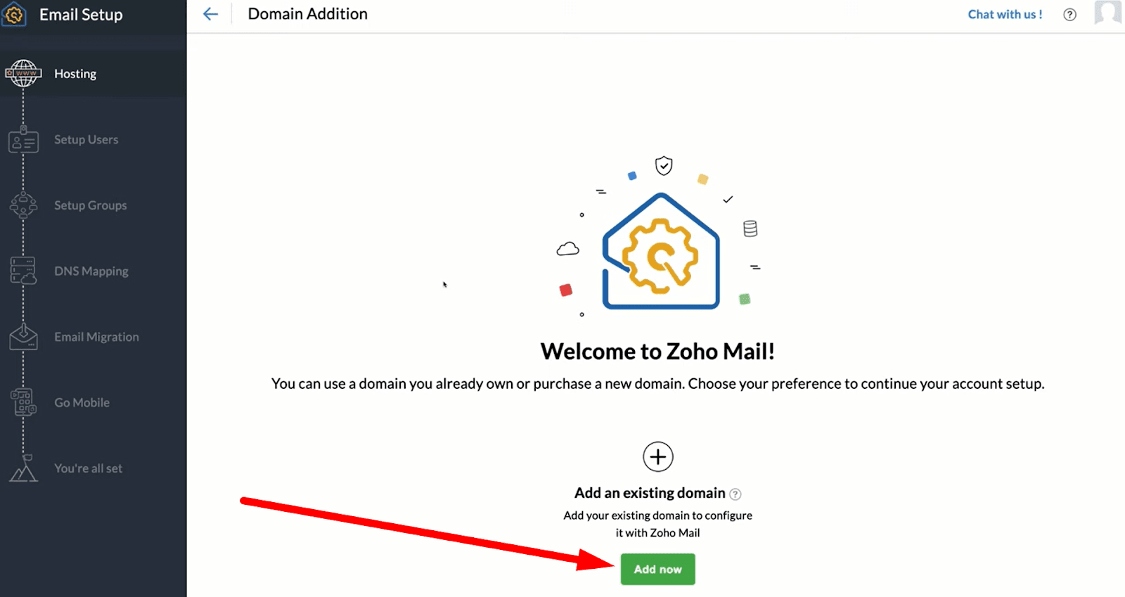 How to Create an Email for a Business: Zoho Mail welcome page.