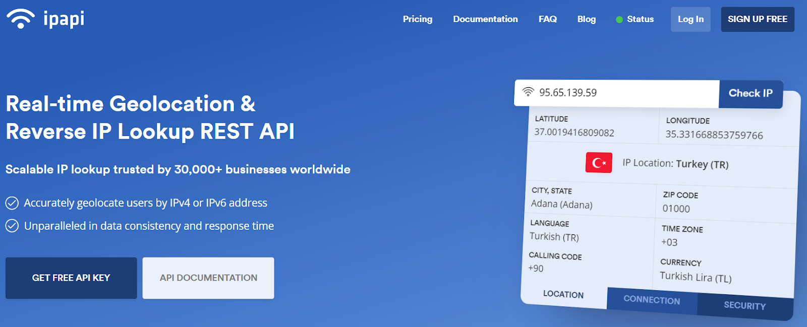 home page of the ipstack best ip geolocation api