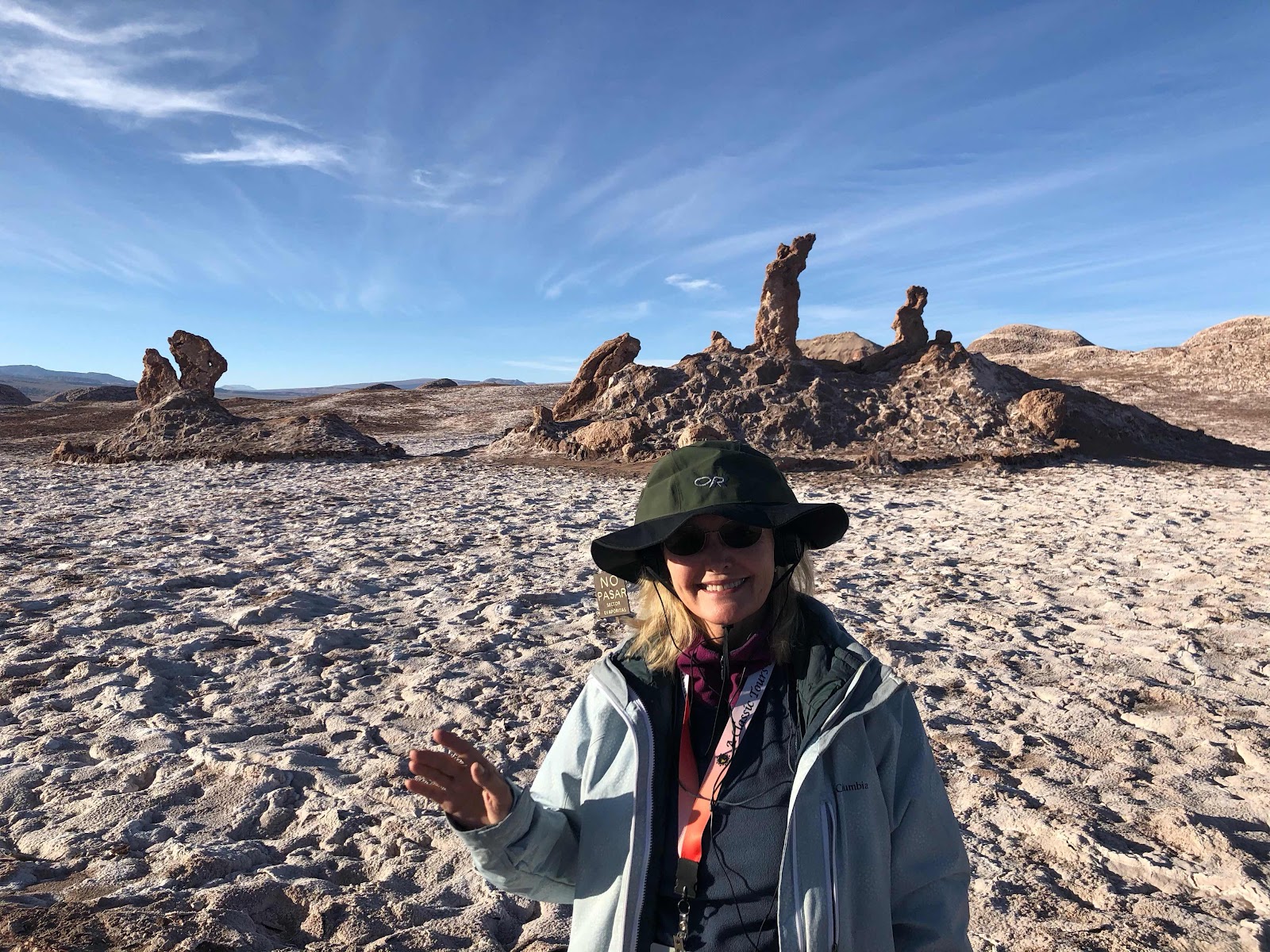Resident Astronomer Peggy in front of weathered natural sculptures called the “Three Maria’s” (Source: Palmia Observatory)