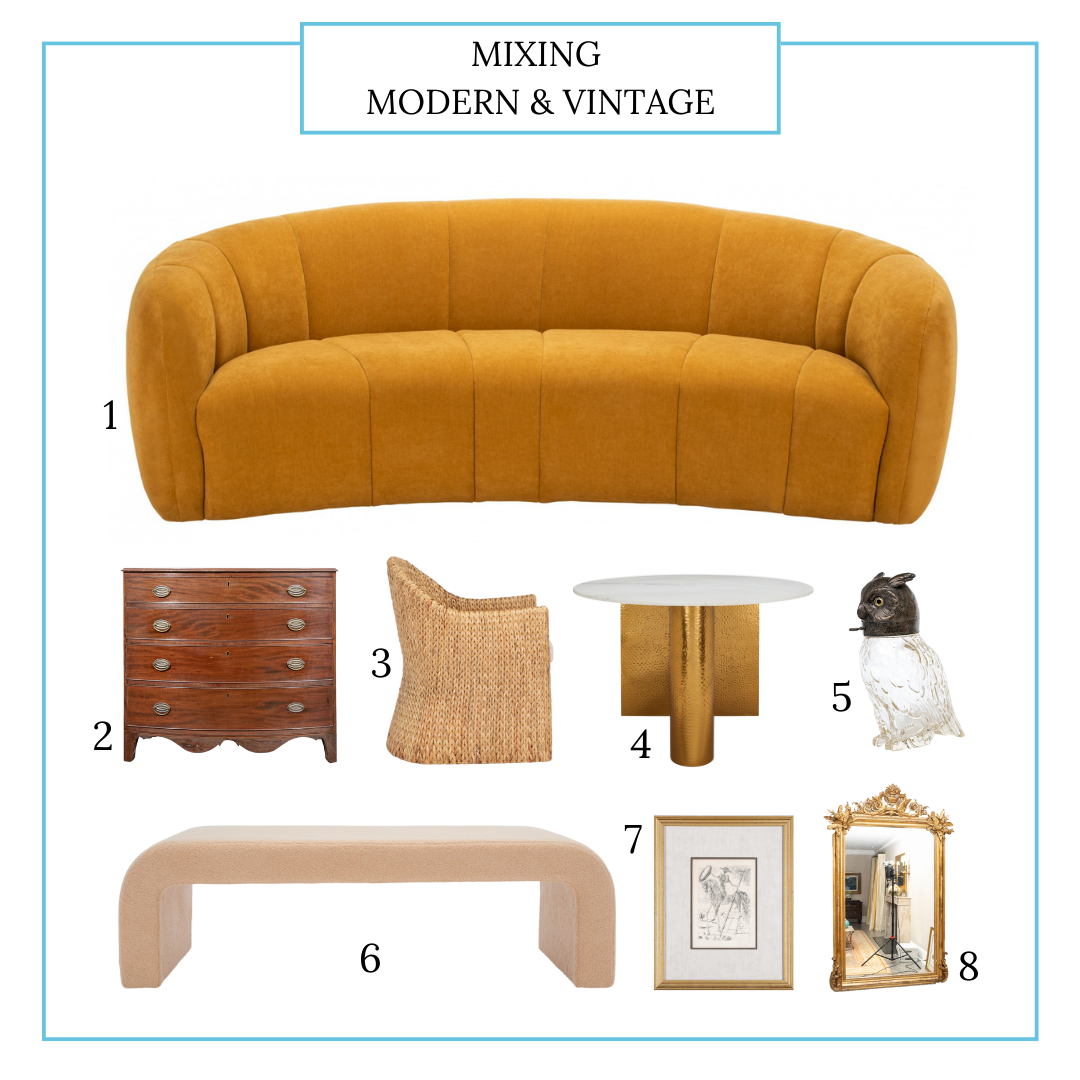 A mix of modern and vintage items including1. Alliya Tufted Curved Sofa (item #: 240094)2. Late Federal FLame Mahogany Bow Front Chest, Ca. 1810-30 (item #: 240929)3. Solomon Water Hyacinth Chair (item #: 241531)4. Tatyana Marble Dining Table (item #: 240124)5. Unusual Austrian Hand-blown Crystal and Silver Plate Owl Carafe (item #: 241103)6. Caralynn Upholstered Bench (item #: 240106)7. Salvador Dali (1904-1989) “Don Quixote” Etching (item #: 240294)