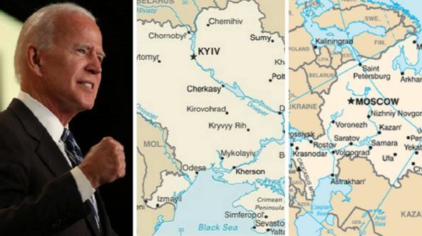 Joe Biden, left, with partial maps of Ukraine, center, and Russia, right.