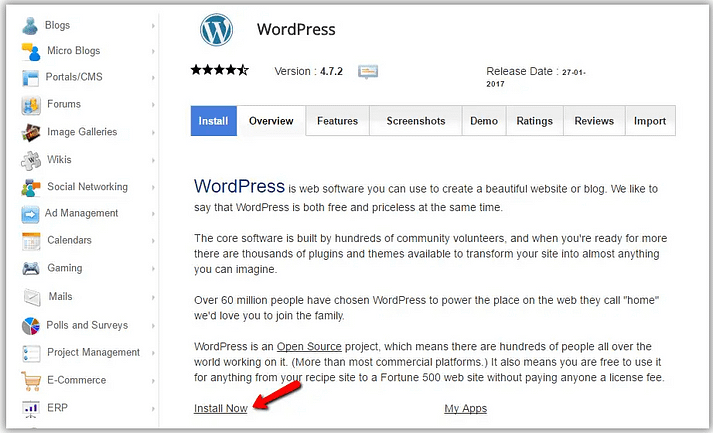 Click to install WordPress