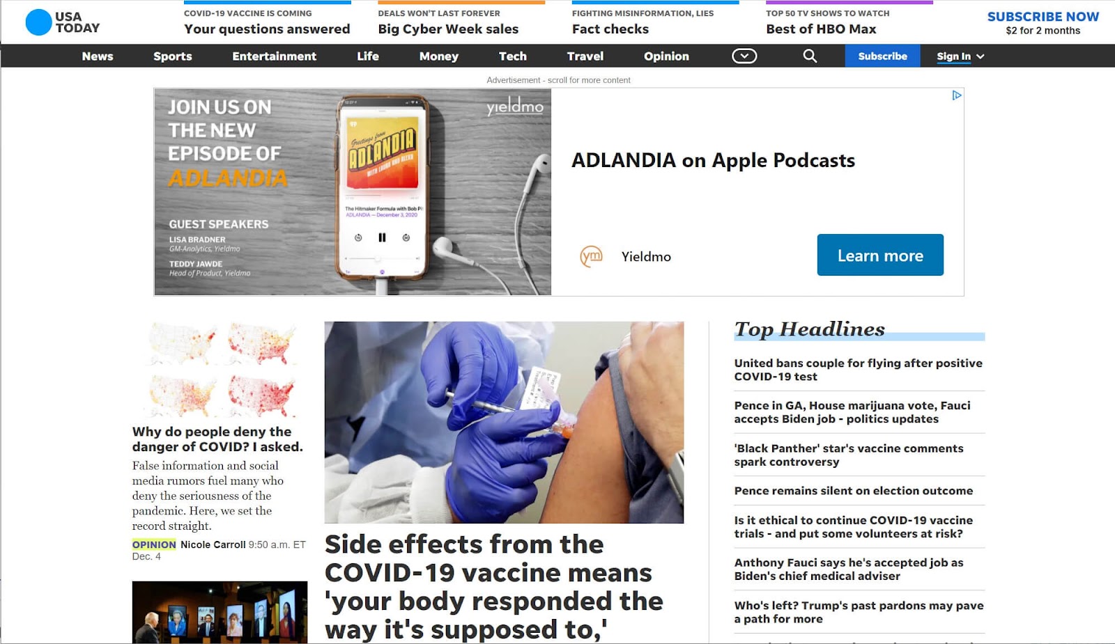 Screenshot of USA Today website. How To Use The WordPress REST API Plugin